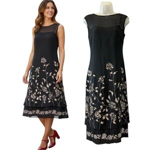 Adrianna Papell Silk Sheer Yoke Dark Floral Midi Occasion Dress Wedding Guest 8